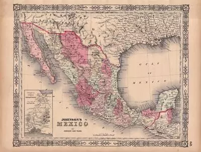 1864 Antique Johnson Atlas Map Of Mexico-hand Colored • $15