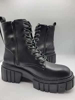 Madden Girl Combat Boots PHILLY Faux Leather Lace Up Zipper Black New W/OBox 6.5 • $27.98