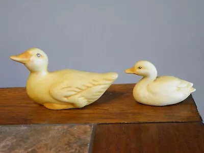 2 YELLOW Ceramic Porcelain DUCK Miniature FIGURINES  Mom & 1 Baby DUCKLING • $19.99