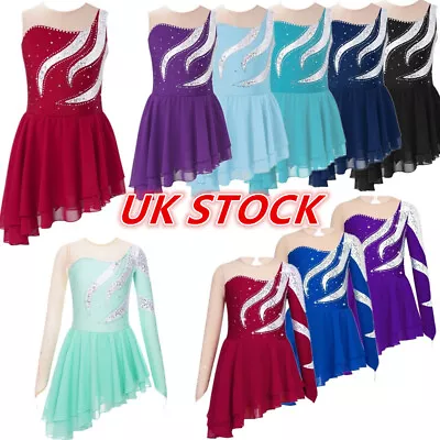 UK Girls Figure Ice Skating Dress Mesh Long Sleeve Irregular Hem Ballet Dress • £6.66