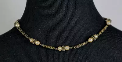 Vintage Brass Tone Braided Chain With Cream Faux-Pearl Bead Necklace 17  • $15