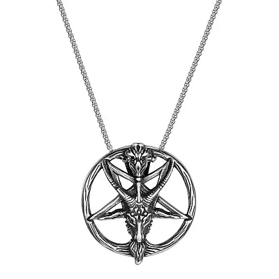 Men's Stainless Steel Pentagram Baphomet Sabbatic Goat Head Pendant Necklace • $12.99