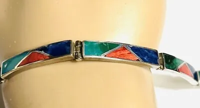 Vtg 950 Sterling Silver Link Bracelet Coral Lapis Green Inlay 7” Mexico?? NICE • $50.99