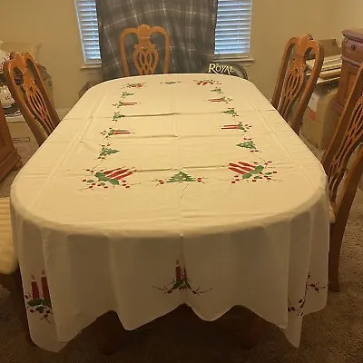 Vintage Christmas Holiday Embroidered Applique Tablecloth 100 X 64 & 12 Napkins • $59.95