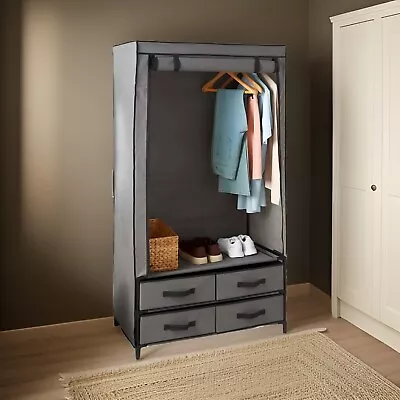 High Quality Deluxe Double Canvas Wardrobe With Roll Up Door Drawer Grey New • £49.99