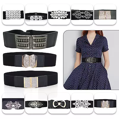 Women Ladies Wide Fashion Belt Black With Buckle Waist Belt Elastic Stretch Gift • £3.89