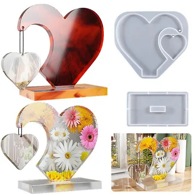 DIY Epoxy Resin Photo Frame Mould Dual Love Hearts With Base Silicone Mold Gift • £6.79