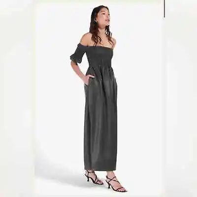 $235 • Buy Staud Dress Black Mae Vegan Leather Maxi Smocked Off-The-Shoulder Large