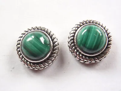 Malachite Stud Earrings 925 Sterling Silver With Double Rope Style Accents • $10.99