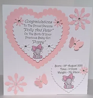 Personalised Handmade New Baby Girl Card Free P&p. • £5.30
