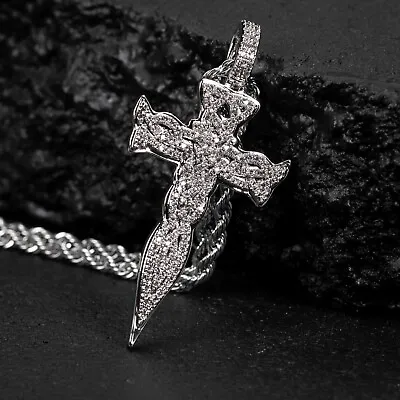 White Gold Plated Cz Iced Men's Celtic Cross Pendant With Rope Chain Necklace • $23.79