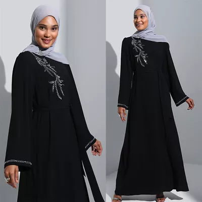 Elegant Women Muslim Rhinestone Abaya Long Maxi Dress Kaftan Cocktail Party Robe • $49.06