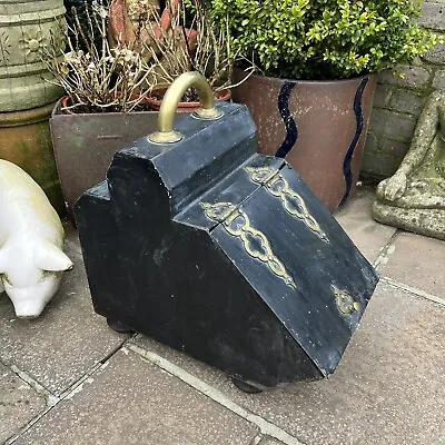 Antique Black Metal & Wood Coal Scuttle With Brass Decorative Details • £65