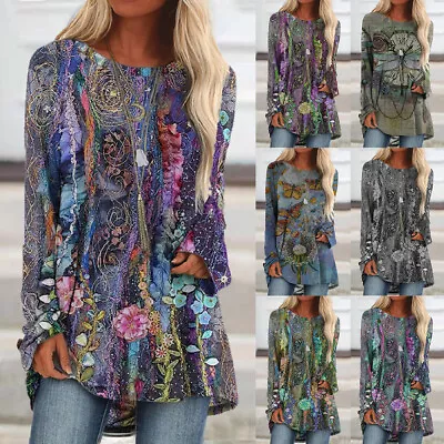 Plus Size Women Boho Floral Tunic Tops Ladies Long Sleeve Loose Casual T-Shirt • £12.09