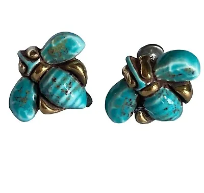 Vintage Bee Earrings Screw Back Turquoise Gold Bumblebee Honey Bee Pollinator • $31.99