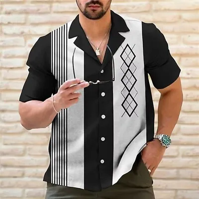 Mens Casual Vintage Bowling Shirt Retro Striped Short Sleeve Button Down Shirts • $19.54