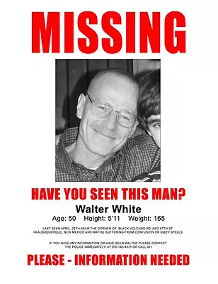 Breaking Bad Walter White Missing Poster 11 X 14  Photo Print • $16.96