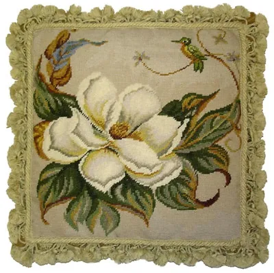 Needlepoint Pillow | Handmade Wool Magnolia Flowers And Bird Hummingbird 18x18 • $250.47