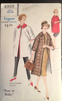 Vintage 1959 Vogue Easy To Make Reversible Coat Sewing Pattern #4035 2 Lengths • $11.25