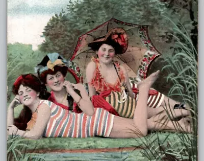 3 Bathing Beauties Striped Suits Edwardian Risque Vtg Postcard C1910 1065 Rare • $18.85