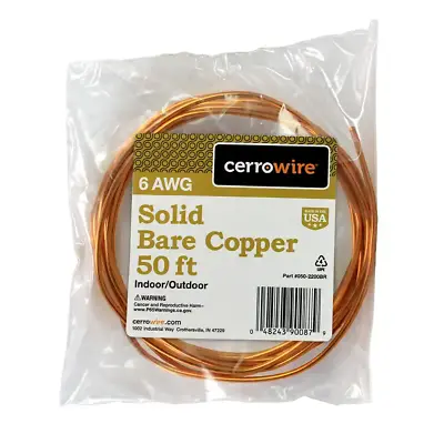 Copper Grounding Wire 50 Ft. 6-Gauge Solid SD Bare Overhead Transmission Use • $53.58