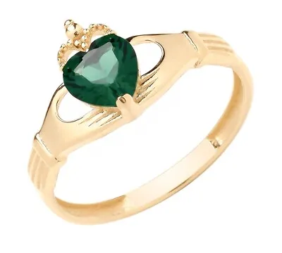 9ct Yellow Gold Emerald CZ Irish Claddagh Ring Size J K L M N O P Q R S • £79.95