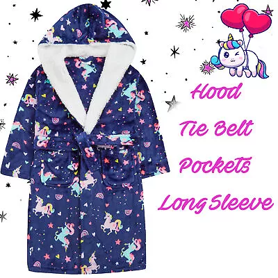 Kids Girls Unicorn Dressing Gown Fleece Bathrobe Wrap Hooded Night Lounge 2-13  • £12.99