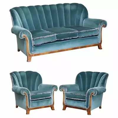 £8000 • Buy Sublime Art Deco Burr Walnut Sofa & Pair Of Armchairs Suite Blue Velour Fabric