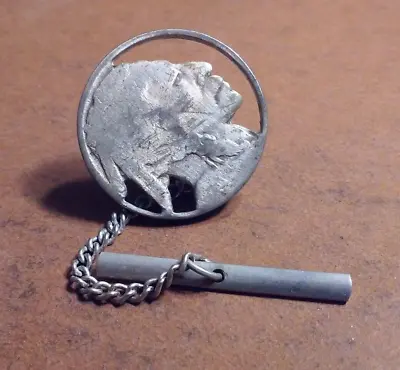 $7.77 • Buy AUTHENTIC Real Laser CUT OUT BUFFALO NICKEL Tie-Tack Pin W/ T-Bar Chain Clasp