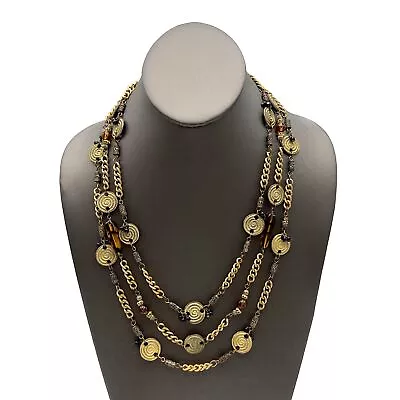 Vintage Brass Tone Spiral Disc Glass Tortoise Shell Beads Fashion Necklace • $19.99