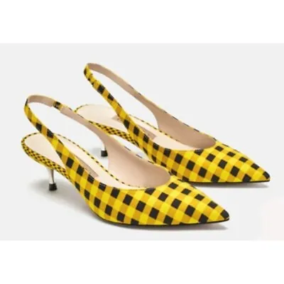 ZARA Women's Yellow/Black Gingham Slingback Pointed Toe Sandals Size 39 • $40