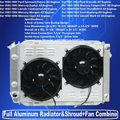 4 Row Radiator&Shroud+Fan For 1982-87 Lincoln Continental&84-92 Mark VII 5.0L V8 • $279