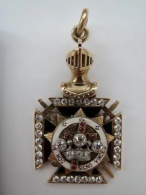 14K Diamonds Knights Templar Pendant Fob Masonic 20.6 GS In Hoc Signo Vinces • $2850