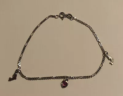 Vintage Estate 925 Sterling Silver Dangling Dolphin & Pink Heart 10” Anklet • $14.99