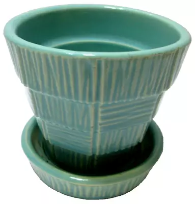 Vintage McCoy Pottery Planter Pot Attached Saucer Base Basket Weave Blue 3 1/4  • $39.99