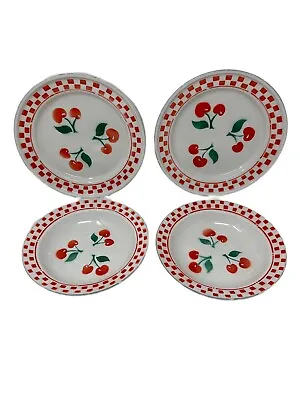 Vtg Goldfish Brand Enamelware 2 Dinner Plates/2 Soup Bowls Cherries Motifs • $42.80