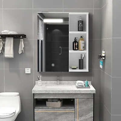 1 Door White Bathroom Cabinet Wall Mounted LED Mirrored Cupboard With Shelves • £42.99