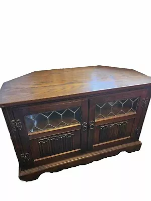  Old Charm  Oak Corner TV Table With Shelves And Leaded Glass Cabinet Doors • £50