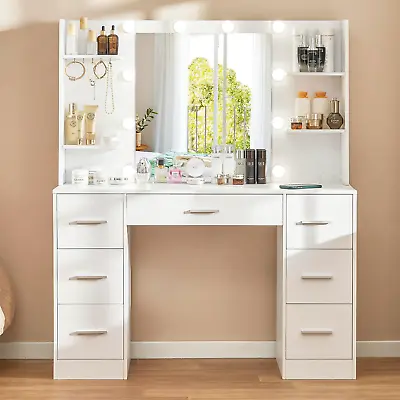 TEENFON Large Vanity Desk With LED Lighted Mirror & Power Outlet 7 Drawers • $259.99