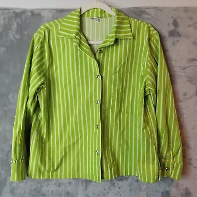 MARIMEKKO Jokapoika Shirt Womens Large Petite Lime Green White Stripe Button Up • $85.88