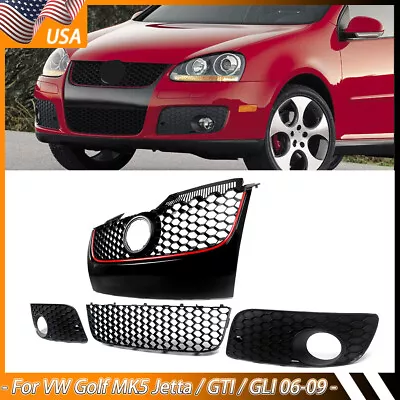 4pcs Main Hex Mesh Grille Black W/ Red Trim For 2006-2009 VW MK5 GTI Jetta GLI • $75.99