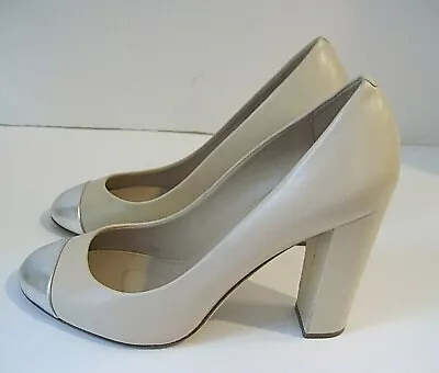 J. Crew Lena Beige Leather Pumps With Silver Patent Cap Toe Size 8 • $54.28