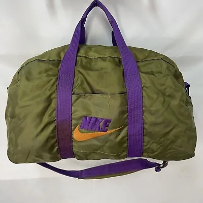 Vintage 80s 90s Nike Swoosh Gym Bag Green Purple Nylon Duffle W/ Shoulder Strap • $79.99