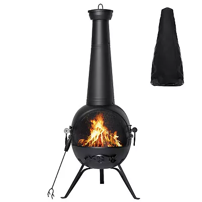 55in Outdoor Fireplace Patio Chiminea Fire Pit Wood Burning Heater Cast Iron Lid • $140.99