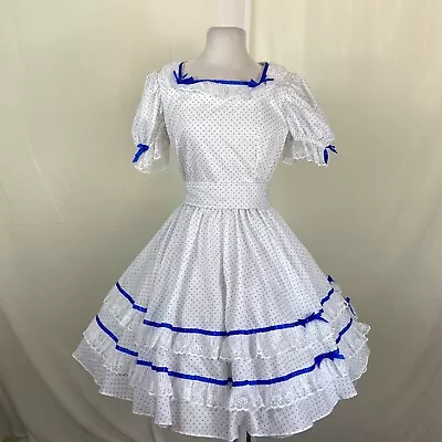 Square Dance DRESS Jeri Bee White Blue Polka Dot Self Tie Belt Sz 8  • $89