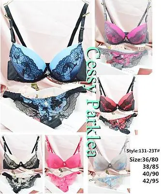 ST Lace Overlay Molded Cup Push Up Bra Set Thong Boyshort  AU10B-16C • $14