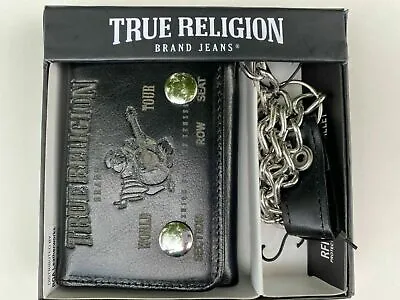 True Religion Mens Leather Chain Wallet Black Red Trifold Brig Carver Evans New • $32.99