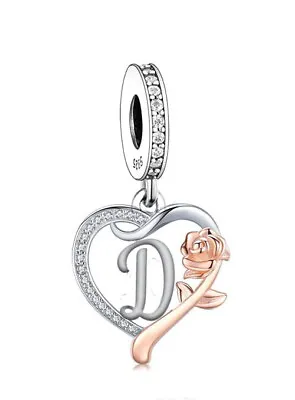 Letter D Name Initial Heart & Rose Dangle Charm 💜 Genuine 925 Sterling Silver • £17