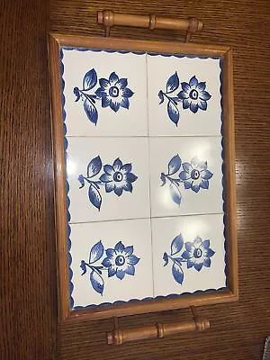 VINTAGE MEXICAN WOOD & CERAMIC TILE SERVING TRAY 19.5 X 13.5 Blue & White • $25.60