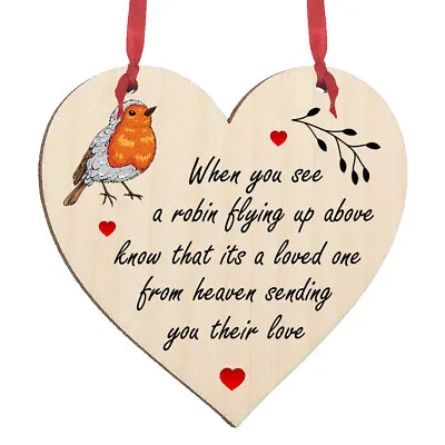 Robin Memorial Wooden Heart Hanging Sign Plaque Decoration Wall Tree Gift • £3.99